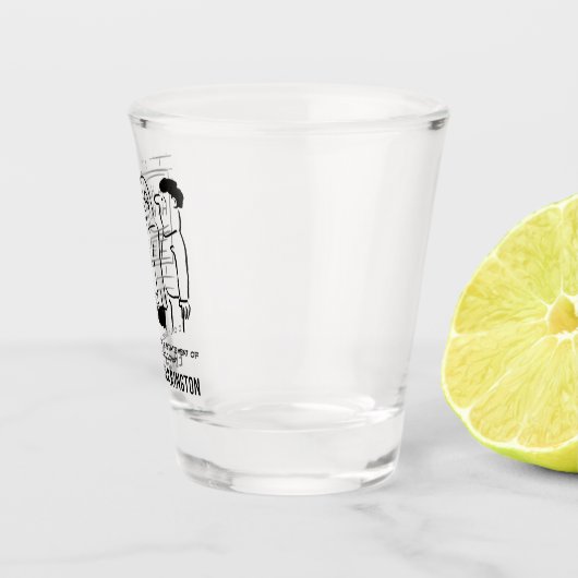 Die Geldmaschine lacht beim Cartoon des Kunden. Schnapsglas (Rechts)