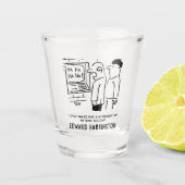 Die Geldmaschine lacht beim Cartoon des Kunden. Schnapsglas (Vorderseite)