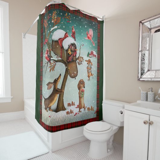 Die Geschenke für Hunde der Dackel zu frohen Weihn Duschvorhang (Beispiel)