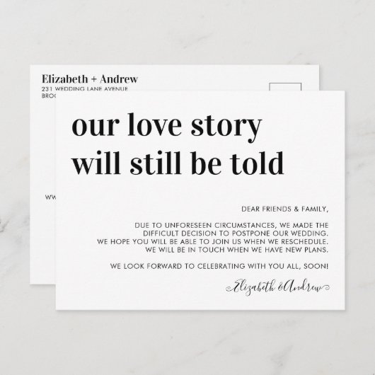 Die Geschichte der Hochzeitspause-Liebe wird immer Ankündigungspostkarte (Vorne/Hinten)