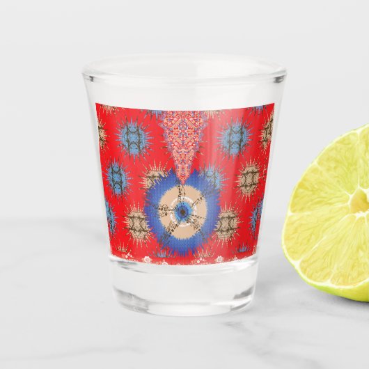die Gestaltung eines roten Hintergrunds mit einem  Schnapsglas (Vorderseite)