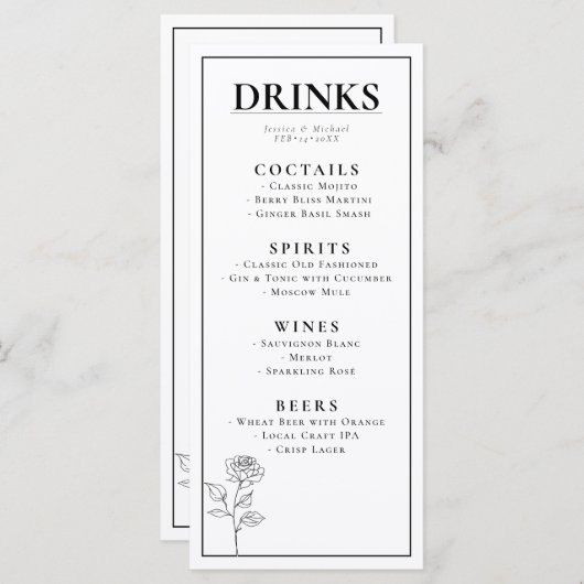 Die GETRÄNKE + schöner Text Zeitlos blühen Menükarte (Vorne/Hinten)