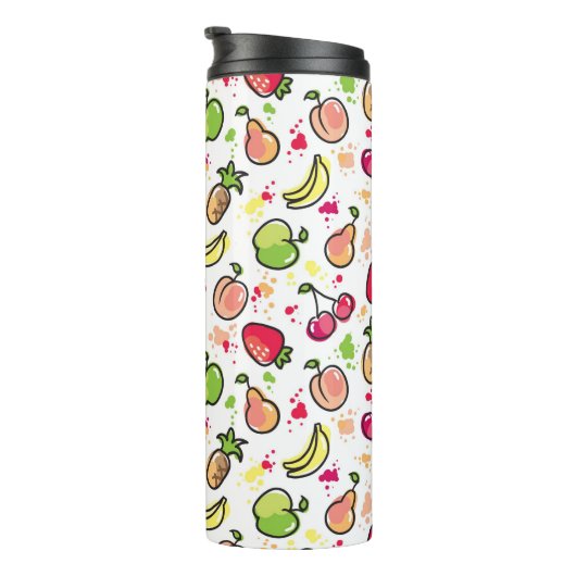 die gezeichnete Hand trägt Muster Früchte Thermosbecher (Nach rechts gedreht)