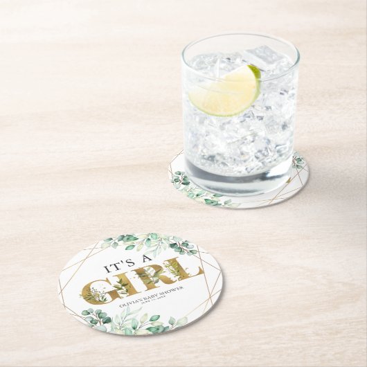 Die Girl Greenery Eucalyptus Gold Baby Dusche Runder Pappuntersetzer (Vor Ort)