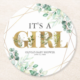 Die Girl Greenery Eucalyptus Gold Baby Dusche Runder Pappuntersetzer