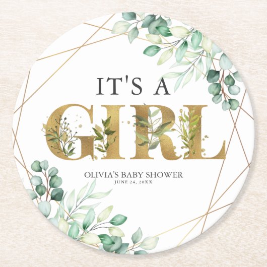 Die Girl Greenery Eucalyptus Gold Baby Dusche Runder Pappuntersetzer (Vorderseite)
