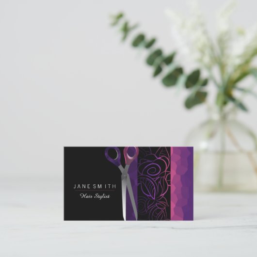 Die Girly lila und rosa Rose scissor Entwurf Visitenkarte (Stehend Vorderseite)