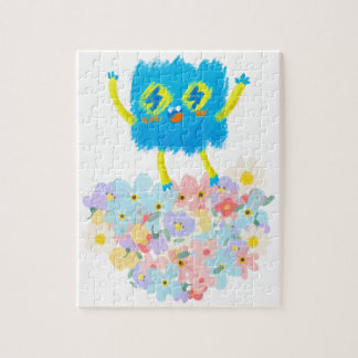 Die glückliche blaue Kritzelei auf einem Blumenbet Puzzle