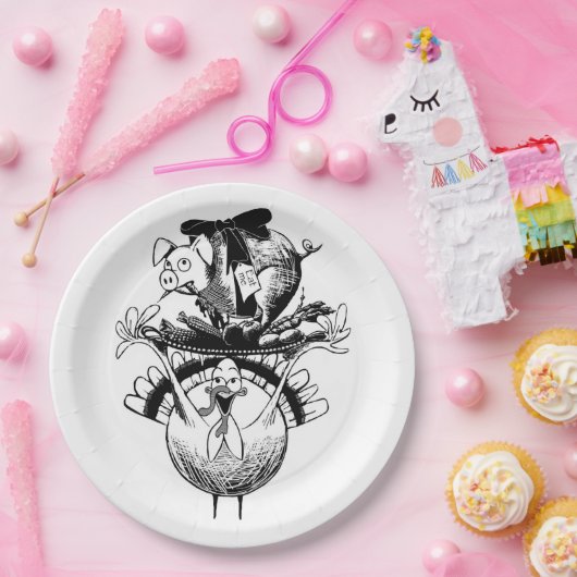 Die glückliche Erntedank-Schwein und Türkei Pappteller (Party)