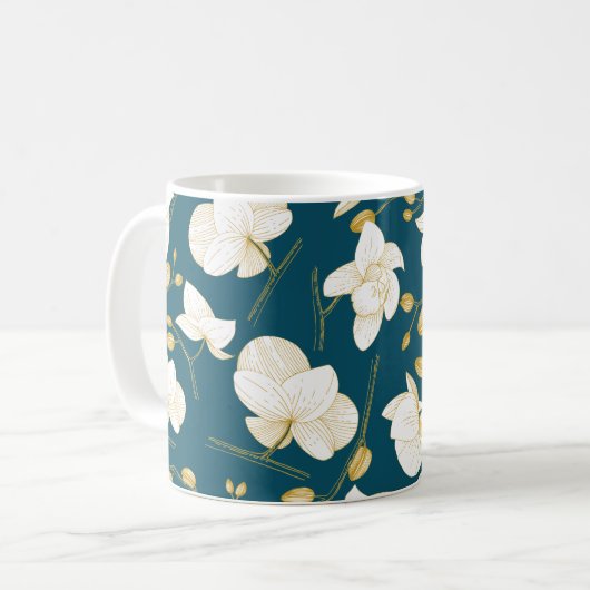 Die goldfarbene und weiße, elegante Orchidee bläst Kaffeetasse (Vorderseite Links)