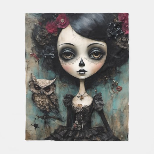 Die Gothic-Puppe und ihre Eule Fleecedecke (Vorderseite)