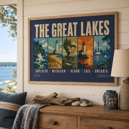 Die Great Lakes Landmarks Illustration Vintage Poster