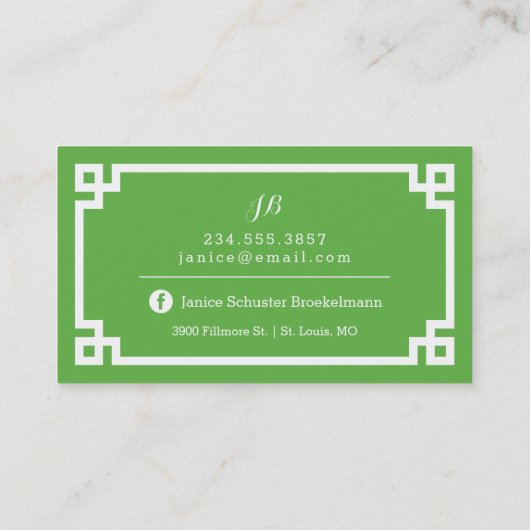 Die griechische Schlüsselgrenze Grün und Weiß Visitenkarte (Rückseite)