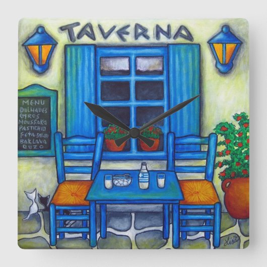 Die griechische Taverna Square Wall Clock, Lisa Lo Quadratische Wanduhr (Vorderseite)