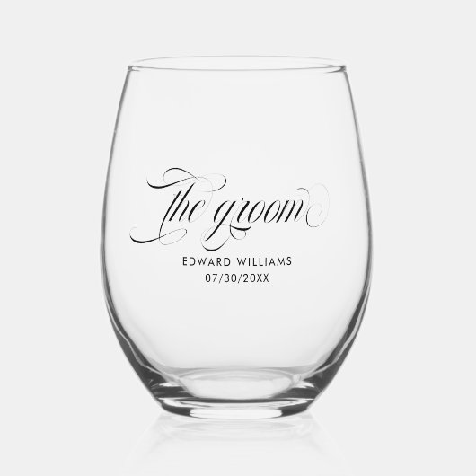Die Groom Elegant Black Script Typografie Weinglas Ohne Stiel (Vorderseite)