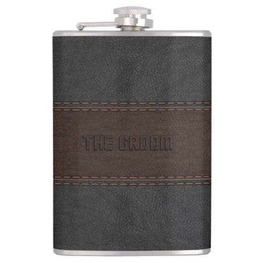 Die Groom Maskuline Brown & Black Leather Textur Flachmann (Vorderseite)