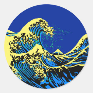 Die große Hokusai Welle in der blauen gelben Runder Aufkleber