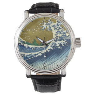 Die große Welle (blaue und goldene japanische Kuns Armbanduhr