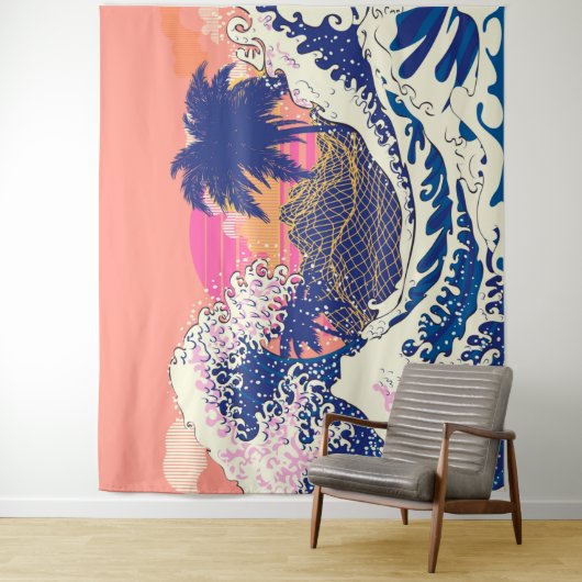 Die große Welle von Kanagawa und Palmen Wandteppich (Beispiel)