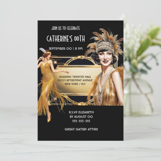 Die großen Gatsby-Flapper Mädchen schwarzen Gold G Einladung (Stehend Vorderseite)
