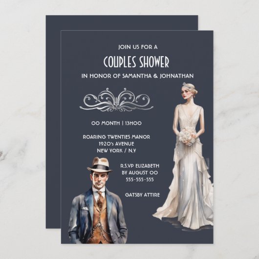 Die großen Gatsby-Paare duschen Brautpfoom elegant Einladung (Vorne/Hinten)