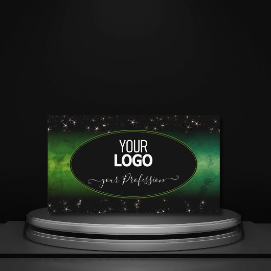 Die grünen schwarzen Glitzer-Sterne mit dem Logo Visitenkarte