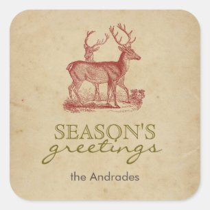 Die Gruß-Vintage Weihnachtsrotwild der Jahreszeit Quadratischer Aufkleber