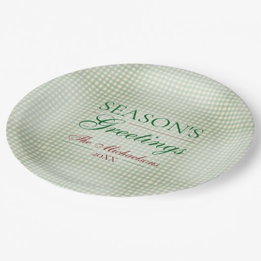 Die Grüße der Saison Gingham Weihnachten Pappteller (Schrägansicht)