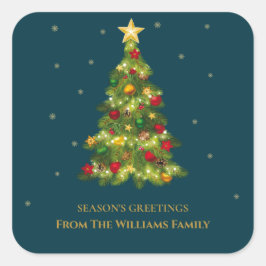 Die Grüße der Saison Gold Snowflake Tree Familienn Quadratischer Aufkleber