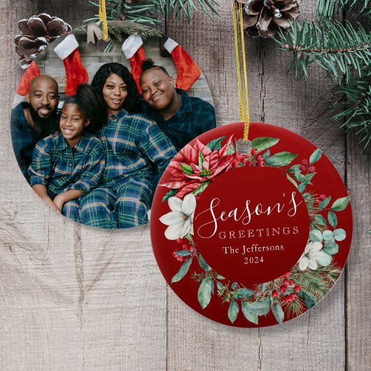 Die Grüße der Saison Red Poinsettia Foto Weihnacht Keramik Ornament