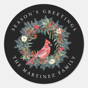 Die Grüße des Roten Kardinals Pine Wreath Season Runder Aufkleber