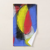 Die Handtücher sind rot, gelb, schwarz und blau. (Handtuch)