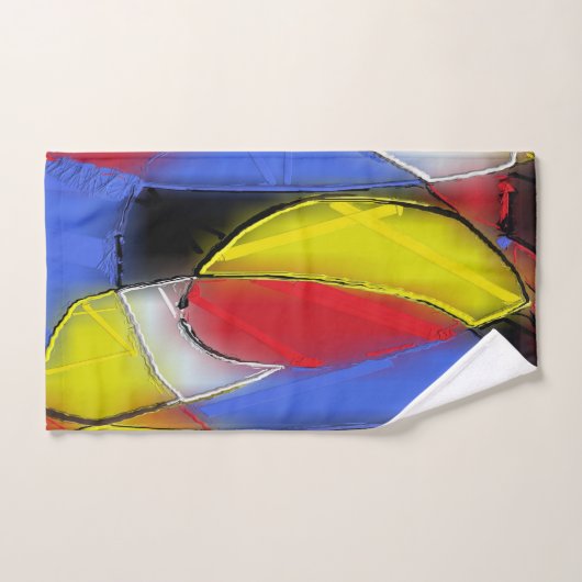 Die Handtücher sind rot, gelb, schwarz und blau. (Handtuch)