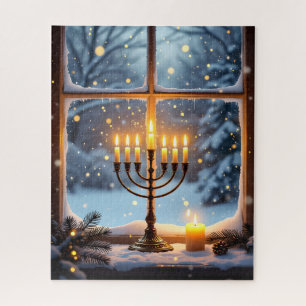 Die Hanukkah Menorah in einem schneebedeckten Wint Puzzle