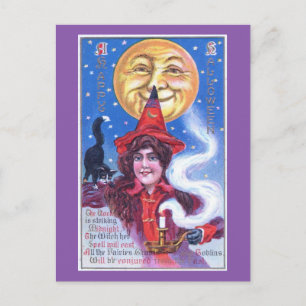 Die Hexe, das Mädchen, der Halloween-Kerzen-Vintag Postkarte