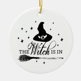 Die Hexe ist drin mit Hut und Besenstiel Halloween Keramik Ornament
