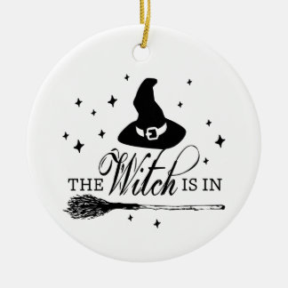 Die Hexe ist drin mit Hut und Besenstiel Halloween Keramik Ornament