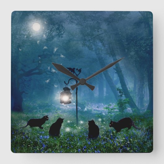 Die Hexe-Katzen-Uhr Quadratische Wanduhr (Vorderseite)