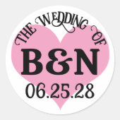 DIE HOCHZEIT DEINES Monogramms & Datum Rosa Herz Runder Aufkleber (Vorderseite)