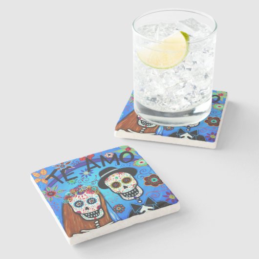 Die Hochzeit Dia de los Muertos Steinuntersetzer (Seitenansicht)