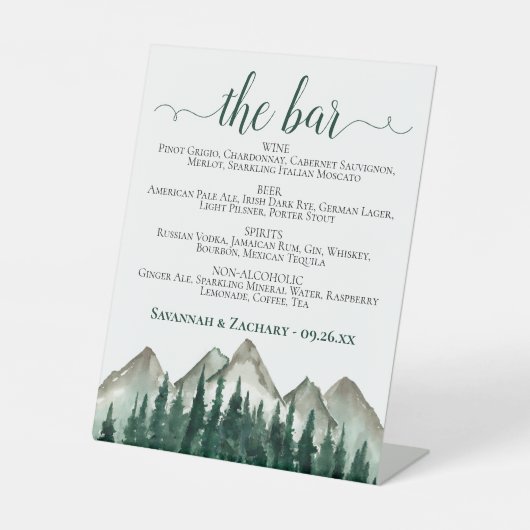 Die Hochzeit von Bar - Mountains & Pine Drinks Sockelschild (Vorderseite)