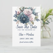 Die Hochzeit von Navy Blue Blush Pink Roses rettet Einladung (Stehend Vorderseite)