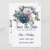 Die Hochzeit von Navy Blue Blush Pink Roses rettet Einladung (Vorne/Hinten)