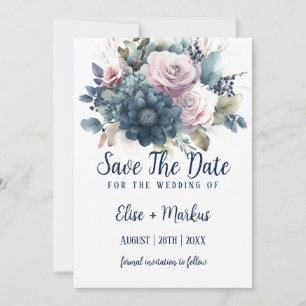 Die Hochzeit von Navy Blue Blush Pink Roses rettet Einladung