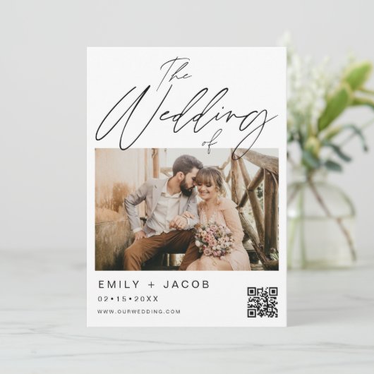 Die Hochzeit von QR-Code Modernes Foto Minimalisti Einladung (Stehend Vorderseite)