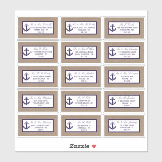 Die Hochzeitskollektion der Marine auf Burlap Beac Aufkleber (Blatt)