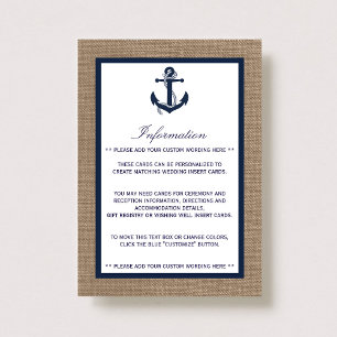 Die Hochzeitskollektion der Marine auf Burlap Beac Begleitkarte