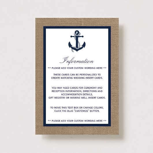 Die Hochzeitskollektion der Marine auf Burlap Beac Begleitkarte