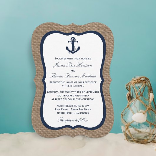 Die Hochzeitskollektion der Marine auf Burlap Beac Einladung