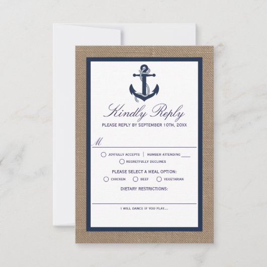 Die Hochzeitskollektion der Marine auf Burlap Beac RSVP Karte (Vorderseite)